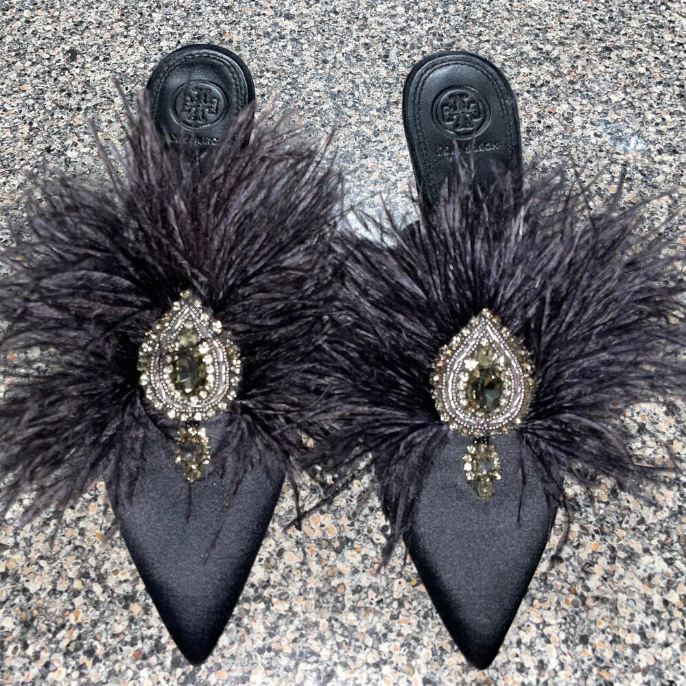 Tory Burch Elodie Embellished Black Mules